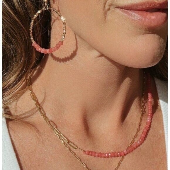 Red Jade Pink Sparkly Gold Beaded Earring Gemstone dangle hoops vacation jewelry - Picture 2 of 10